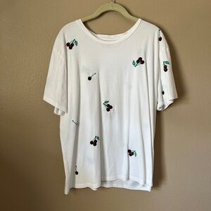 Banner Day - White Crew Neck Short Sleeve T Shirt with Embroidered Cherry Print